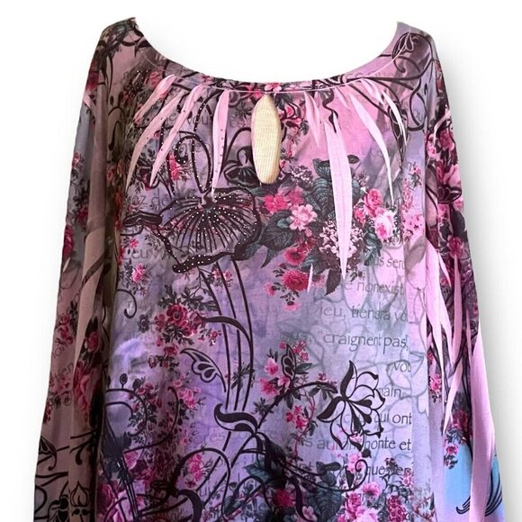 Tattoo Me Womens Top Plus Sz 2X Purple Ombre Floral Sublimation Jeweled USA Made - Picture 2 of 6